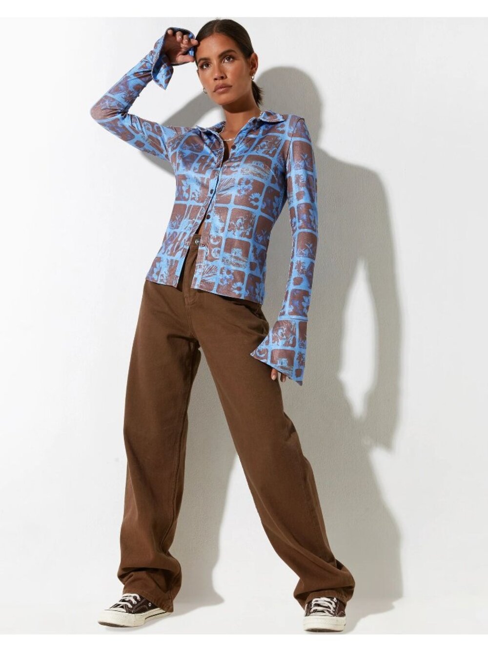 Motel Rocks Keani Long Sleeve Shirt Photographic Blue Button Front Mesh Top